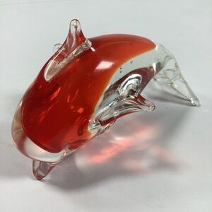 Dolphin Art Glass Figurine Paperweight Red Clear 5"